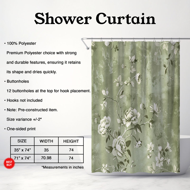 Soft Green Shabby Elegance - 1 Piece Standard Shower Curtain, 74"H x 71"W