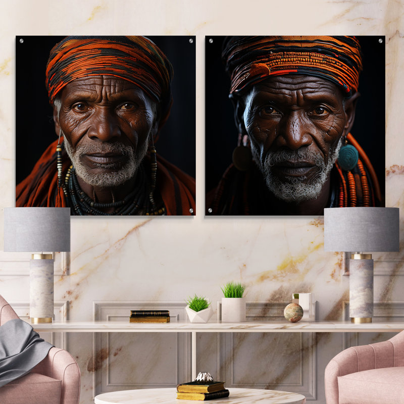 Portrait de chef tribal ébène - ensemble de 2 peintures murales en acrylique tribal africain, H 36 po x l 73 po