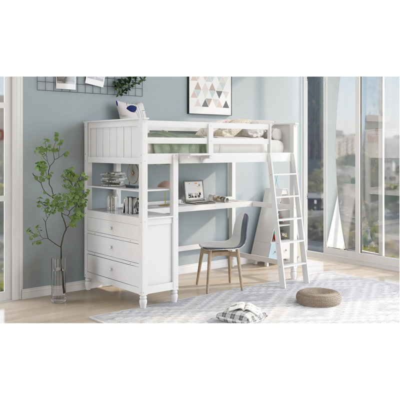 Lit mezzanine simple avec rangement et espace de travail - Bureau fonctionnel en bois massif blanc pour économiser de l'espace