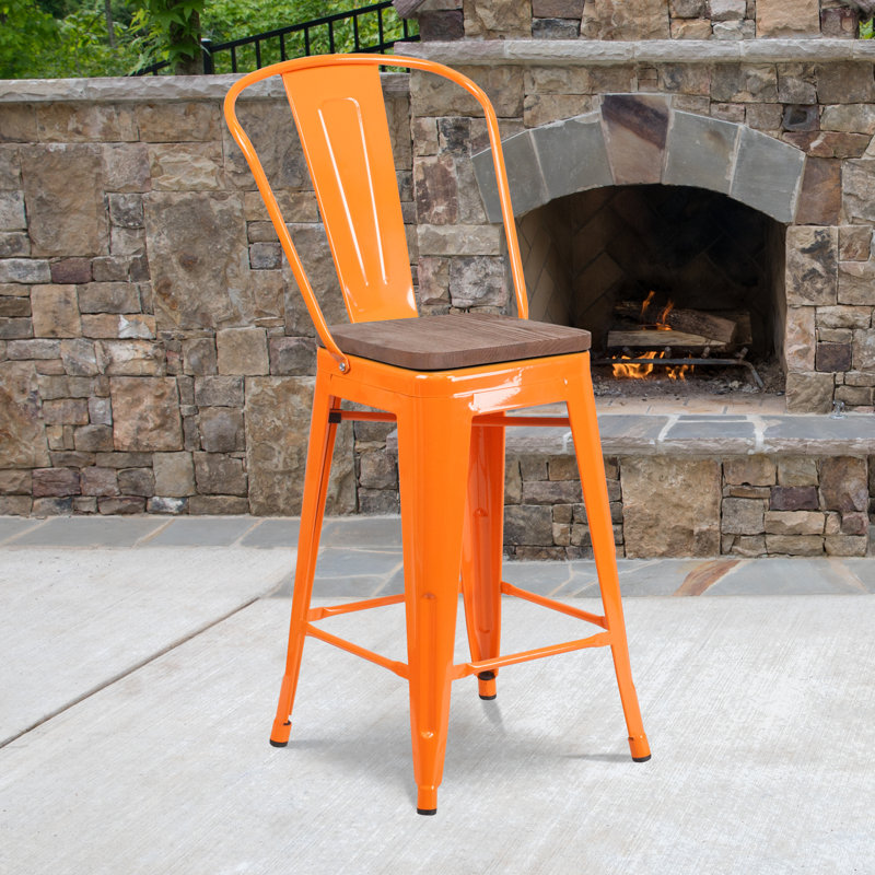 Tabouret de bar ou de comptoir en métal Marian avec dossier et siège en bois Marian, Orange, 1