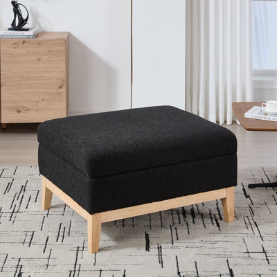 Square Storage Ottoman, Reversible Lid/Wood Base - Black Boucle