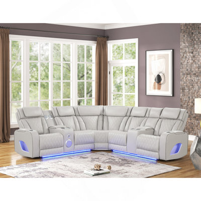 Canapé modulaire inclinable électrique Fortuner de style moderne avec haut-parleur Bluetooth et DEL en bois et métal, fonction de massage incluse beige