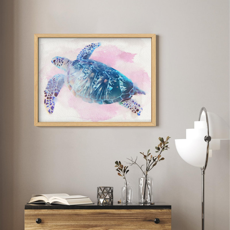 Tortue brune mauve avec coquille bleue qui nage dans des animaux de mer, petit décor moderne, œuvre d'art moderne, Naturel