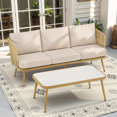 Outdoor Wicker Rattan Patio Furniture All-Weather 3-Seat Sofa With Coffee Table For Garden, Backyard, Porch