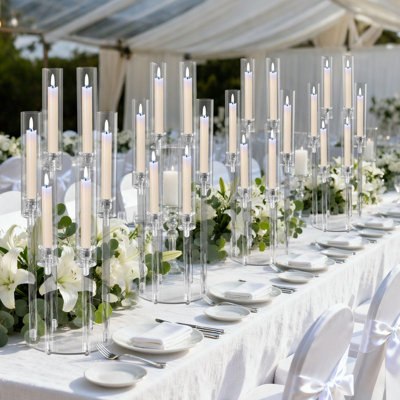 4Pcs Acrylic Candelabra Centerpiece With Acrylic Shade, 6 Arm Clear Candle Holder Round Base, Elegant Home Decor