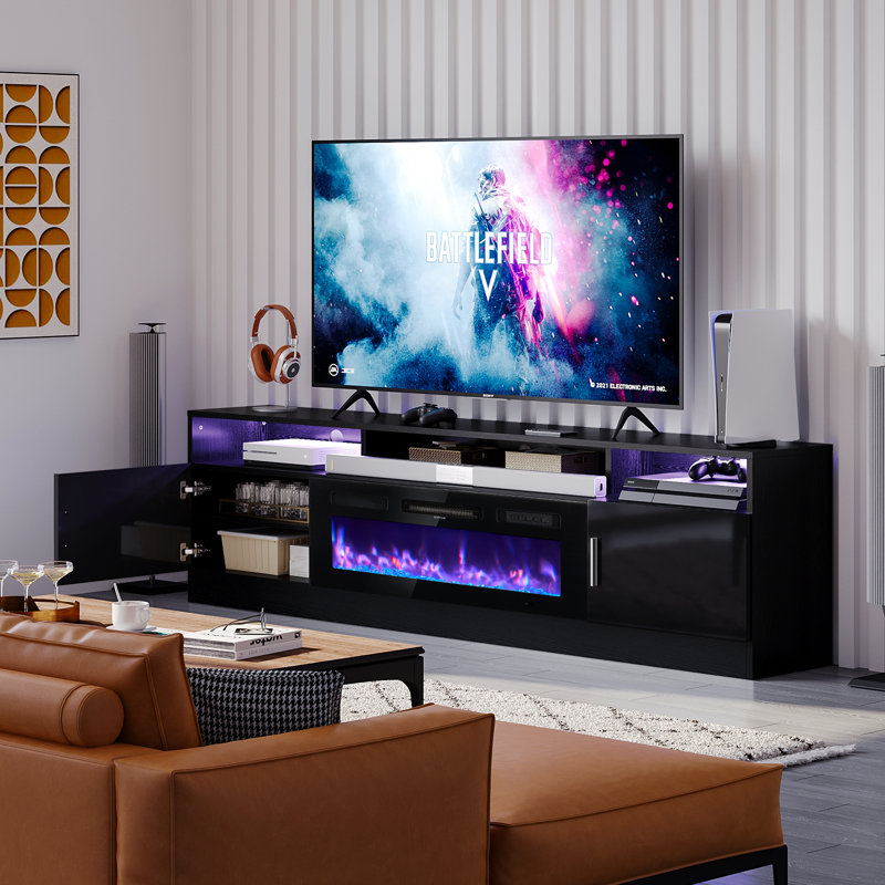 70" Gaming TV Stand for TVs up to 80", Media Console with Electric Fireplace and Large Storage Space, Black/Silver