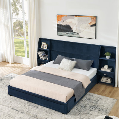 Structure de lit plateforme avec rangement moderne, tête de lit tapissier avec bibliothèques latérales et tiroir, matelas exclu - bleu foncé