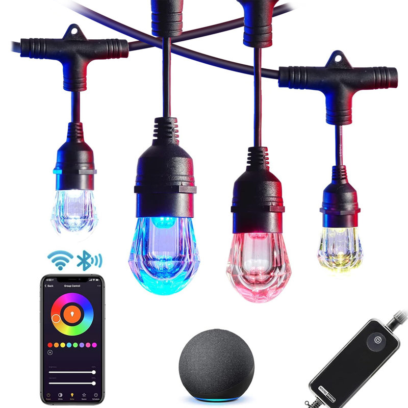Les guirlandes lumineuses intelligentes d'extérieur à DEL de 96 pi avec changement de couleur RVBW guirlandes de patio de contrôle 2,4Ghz Wifi imperméables 48 ampoules en acrylique fonctionnent avec Alexa Google pour la fête à l'extérieur du café 