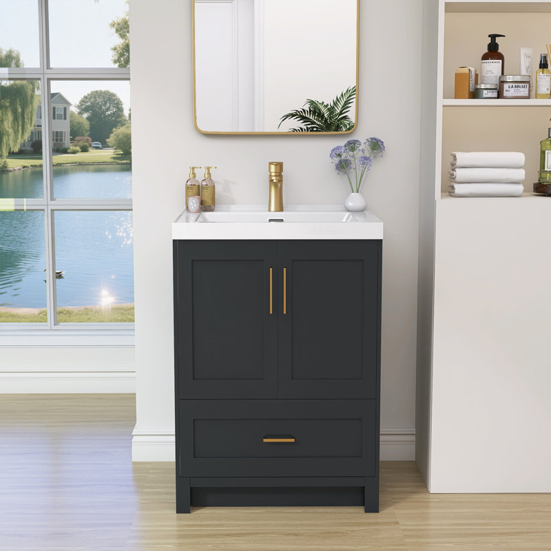24 Inch Solid Surface Bathroom Vanity Top with Integrated Single Sink, Bright White 2" Thick Countertop, Raised Edge & Backsplash