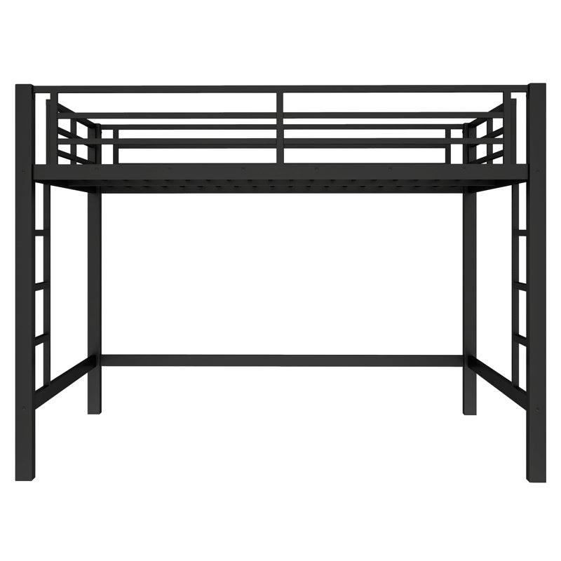 Queen Metal Loft Bed with Ladder & Guardrails, Space-Saving Sturdy Black Loft Bed for Kids, Queen