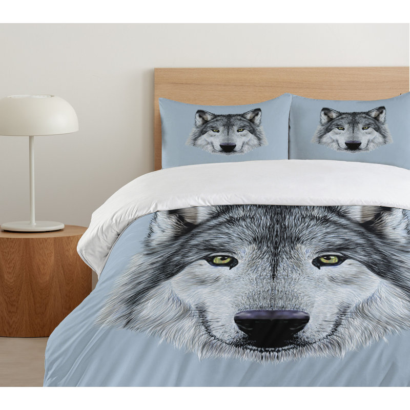 Wolf Portrait Blue Microfiber Queen Duvet Cover Set