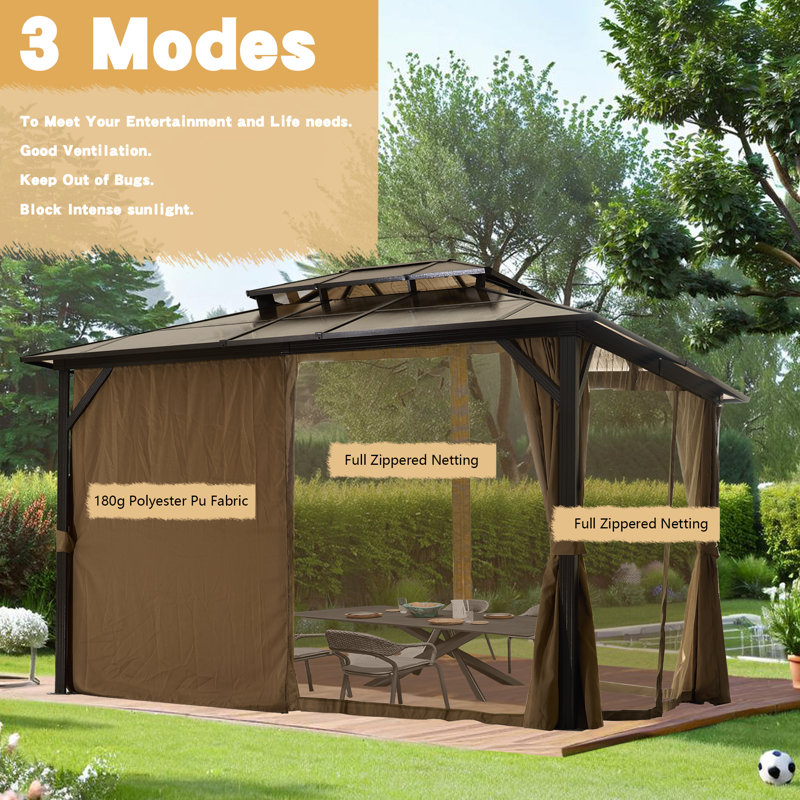 10 pi. L 12 pi. D Pavillon de jardin à toit double en aluminium avec moustiquaire et rideaux