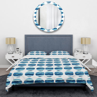 Motif de cercles blancs et bleus - ensemble de housse de couette abstrait - microfibre de polyester
