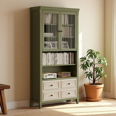 Country-Style Painted Rubberwood Laminated Board Storage Green Bookcase