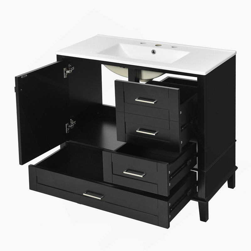 Meuble-lavabo moderne 36 po avec cadre en pin massif, 1 porte à fermeture douce et 3 tiroirs, armoire de rangement moderne
