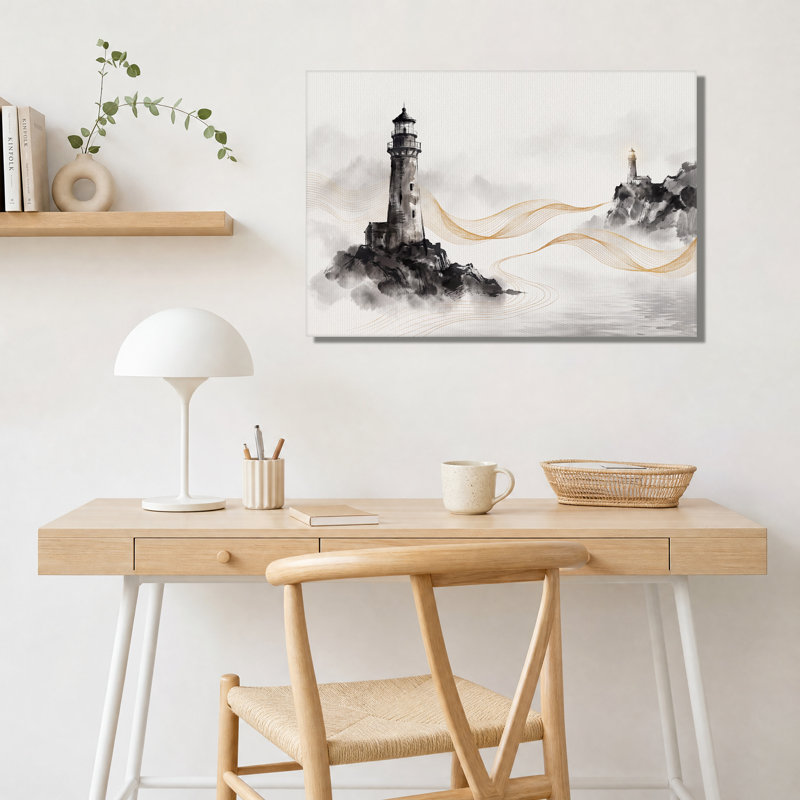 Phares brumeux aux lignes dorées fluides, tableau sur toile, 12"H x 18"W