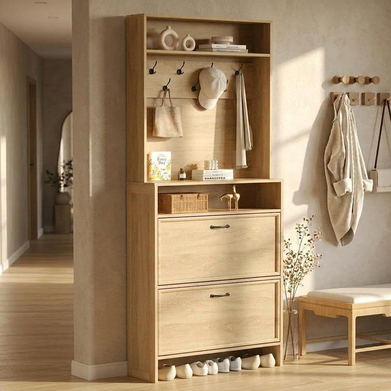 Armoire à chaussures 2 en 1 avec 2 tiroirs rabattables, tablette réglable, 7 crochets et ensemble anti-basculement, rangement pour chaussures de vestibule étroit