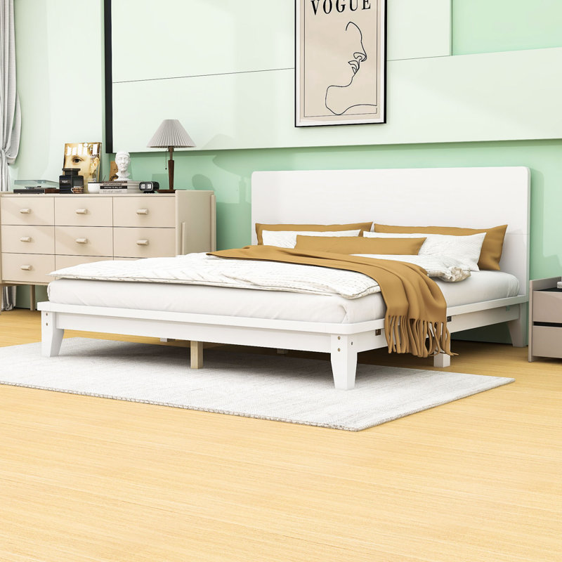 Base de lit plateforme avec tête de lit, Lit double, Blanc