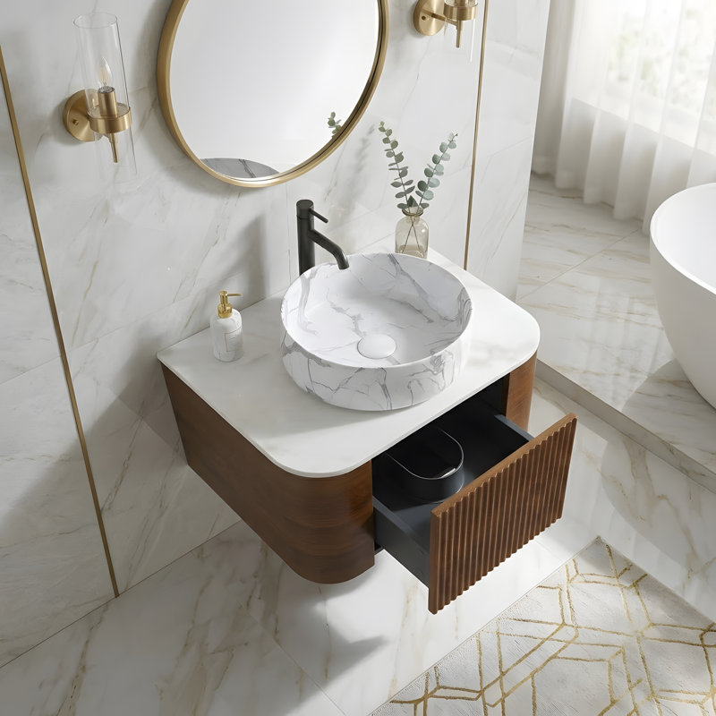 Meuble-lavabo mural de 61 cm (24 pouces) avec lavabo rond à rayures blanc Carrara et tiroir de rangement, Noyer, 24