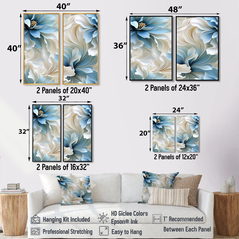 «Ethereal Blue and White Damask Dreams» - art mural bleu 2 pièces, 40" H x 40" W, Framed Wrapped Canvas, Does Not Apply