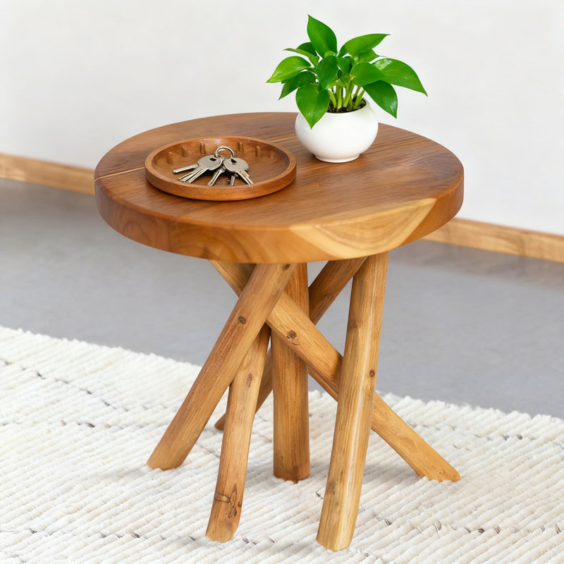 Tabouret d'appoint en bois de teck sculpté à la main avec pieds en branches naturelles, support à plante rond et table d'appoint pour le salon, la chambre à coucher ou le jardin