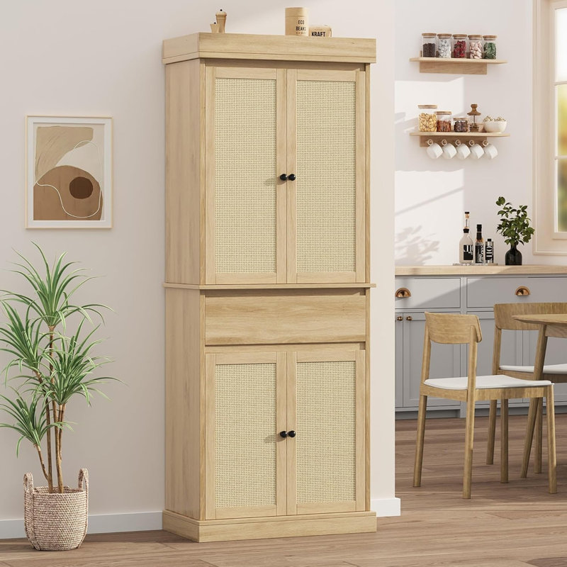 Armoire de cuisine de 69,1 po de hauteur, armoire de rangement haute avec portes en rotin et tablettes réglables, Beige