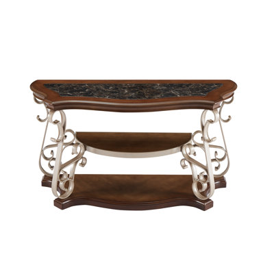 Sofa Table, Marble Paper Top, MDF with Birch Middle Shelf , Powder Coat Finish Metal Legs by Rosalind Wheeler
