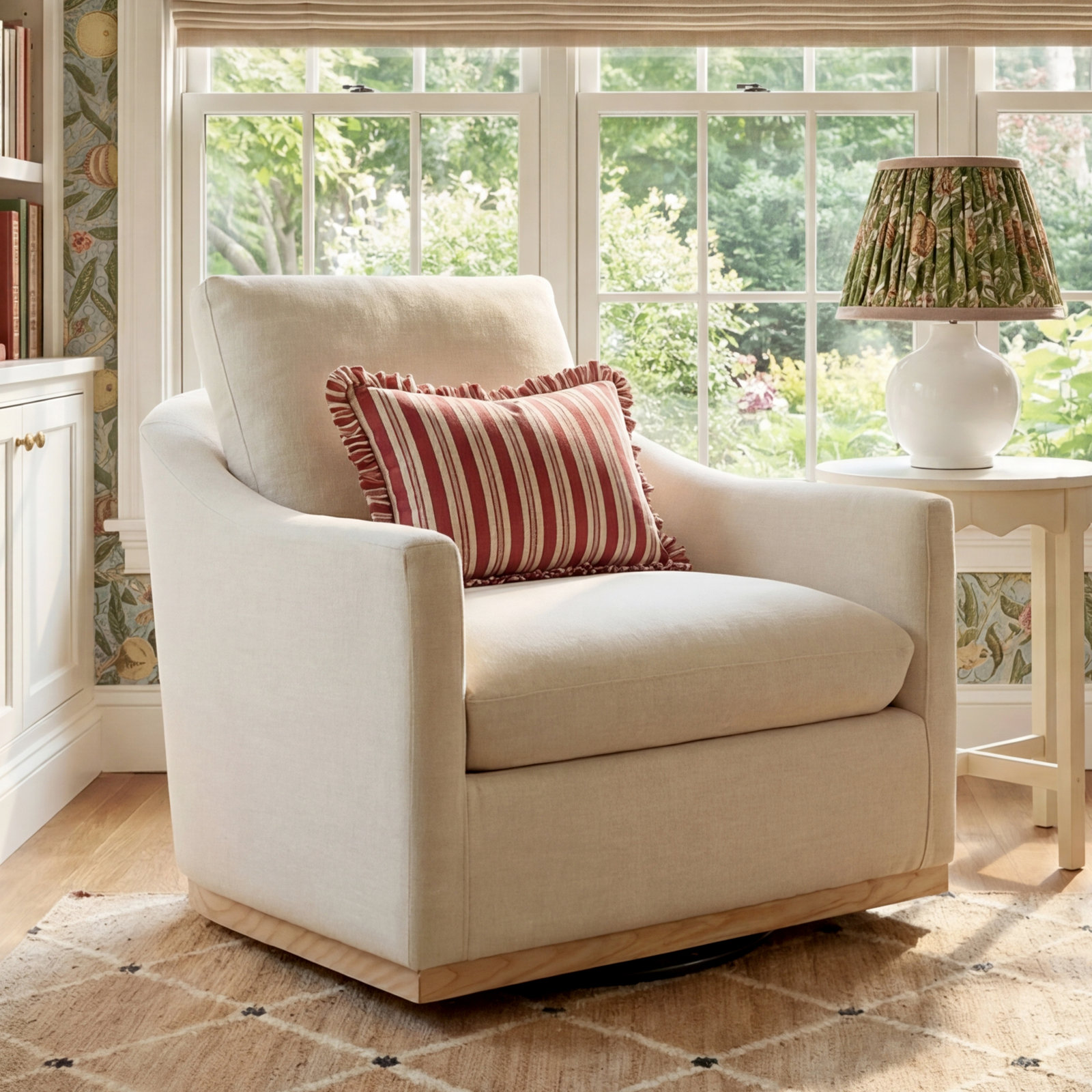 Deary Linen Swivel Barrel Chair, Effie Linen Performance Linen