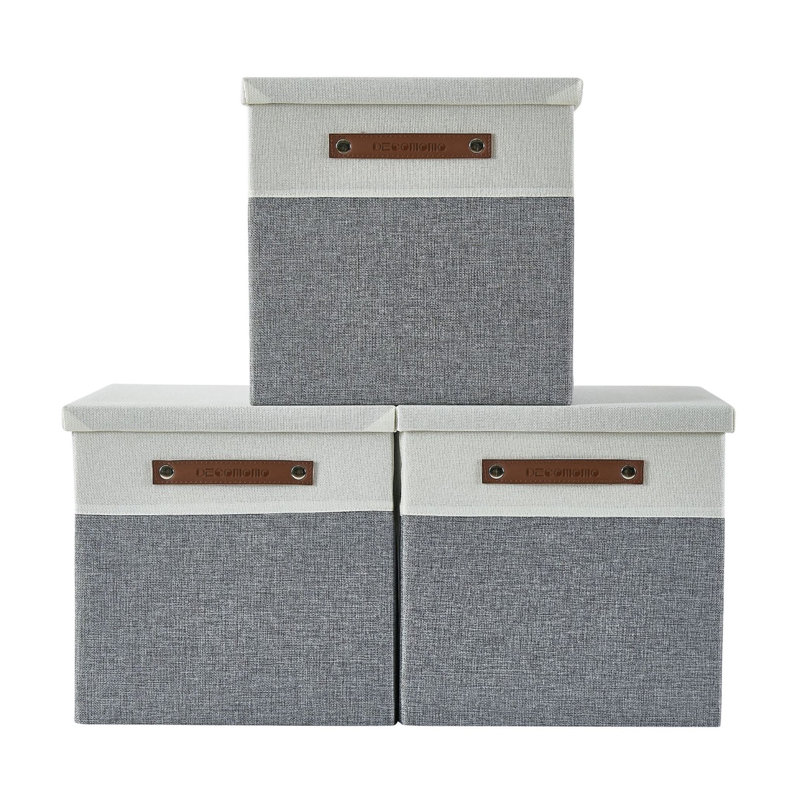 Decomomo Stackable Foldable Cube Storage  With Pu Handles Fabric Bin Set, Gray/White, 11" H x 11" W x 11" D