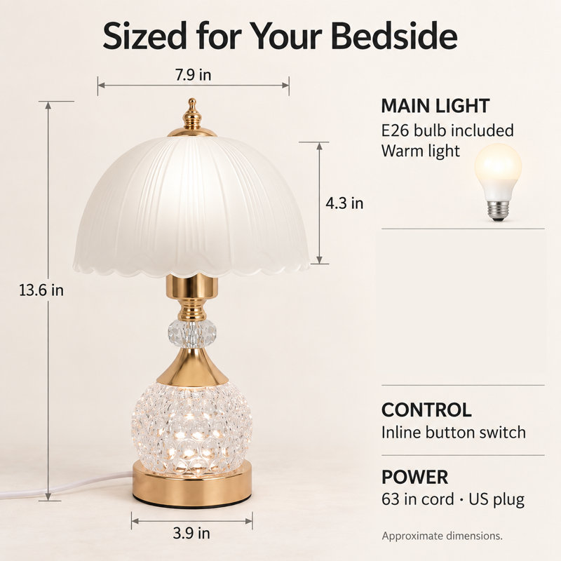 Lampe de table en verre blanc festonné avec accents de cristal et base DEL tricolore