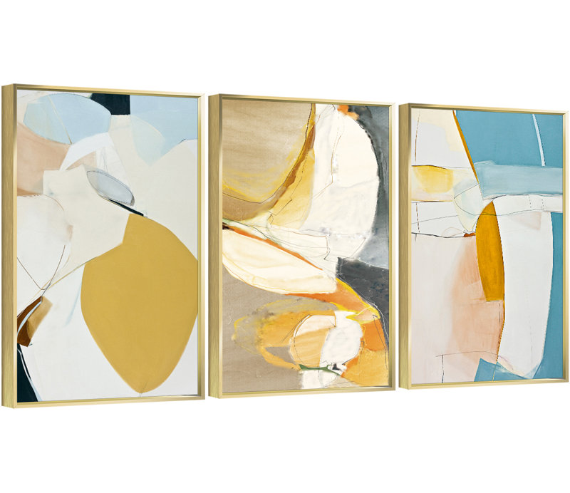 Abstrait aluminium encadré, ensemble de 3 reproductions d'art encadrées sur toile 2, H 24,3 po x l 48,3 po x P 1,65 po, Or