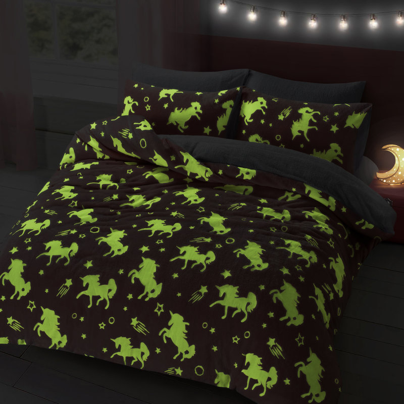 Velosso Glow In The Dark Cosy Teddy Soft Unicorn Pink Duvet Set, 135cm L x 200cm W