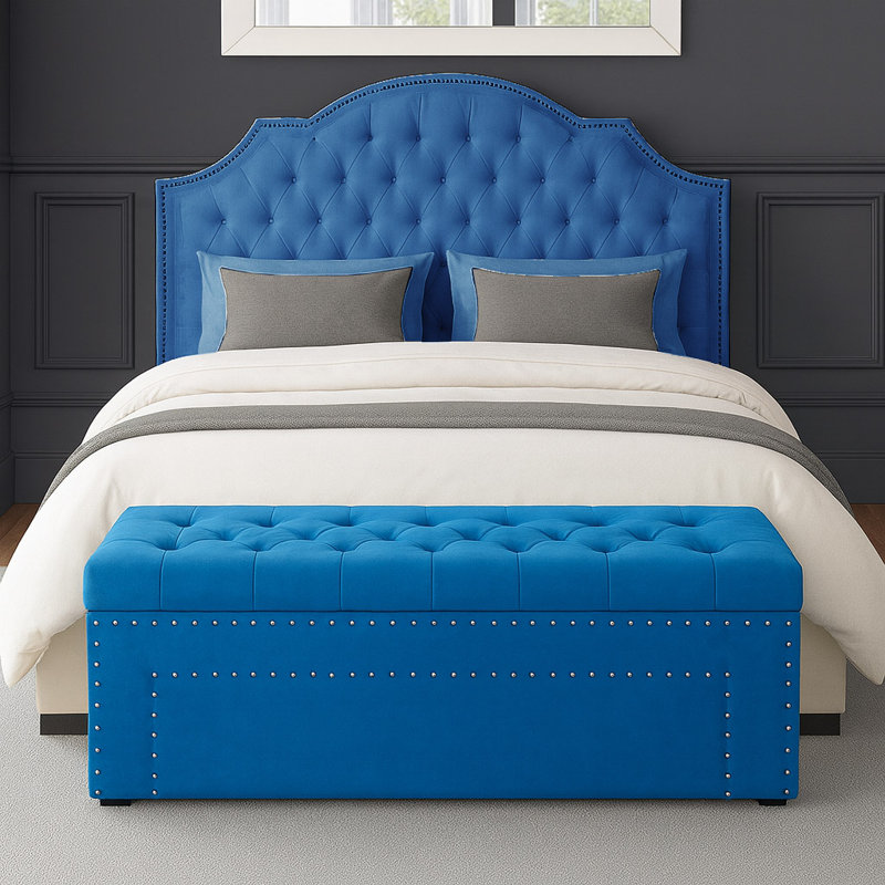 Duke Ottoman Storage Box - Chesterfield Upholstered Blanket Box - Plush Velvet Ottoman Bench with Storage, Duck Egg