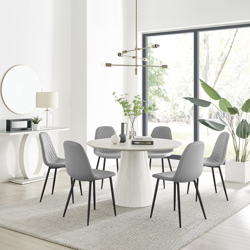 Statement 6 Person Round Dining Table Set in Luxury Beige Stone Effect - Faux Leather Dining Chairs, Grey/Black
