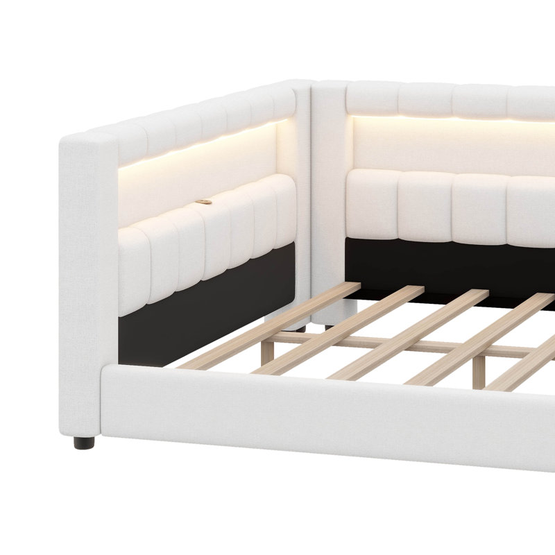 Full XL Size Upholstered Daybed With Integrated Storage, L-Shaped Configuration With LED Strip And USB Ports, Linen Fabric Bed Frame
