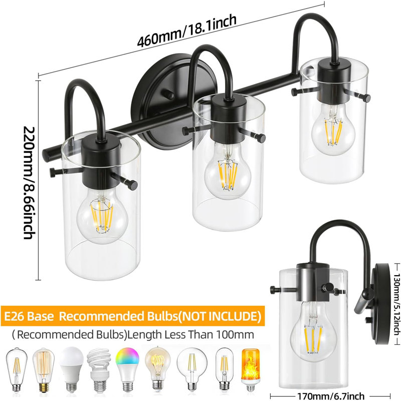 Modern 3-Light Vanity Fixture With Clear Glass Shades, Wall Sconce For Bathroom, Kitchen, Living Room, And Porch, Matte Black