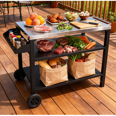 3-Tier Outdoor Grill Cart With Stainless Steel Top & Side Shelf, Movable BBQ Prep Table With Wheels, Rolling Serving Bar Cart For Patio, Backyard, Pizza Oven Stand, Black