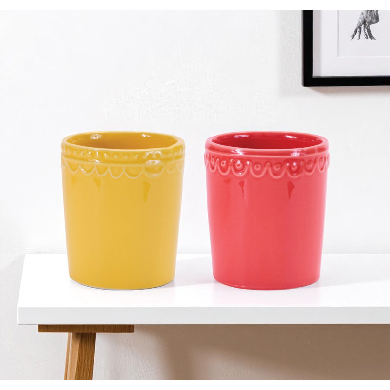Ensemble de deux cachepots rectangulaires en céramique rose et jaune