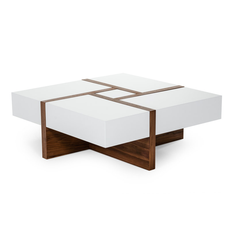 White and Walnut Square Wood Coffee Table with Storage