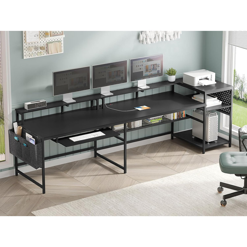 Larrie 59.01'' W Rectangle Computer Desk L-Shaped Computer Desk with Power Outlet and USB Ports, Black