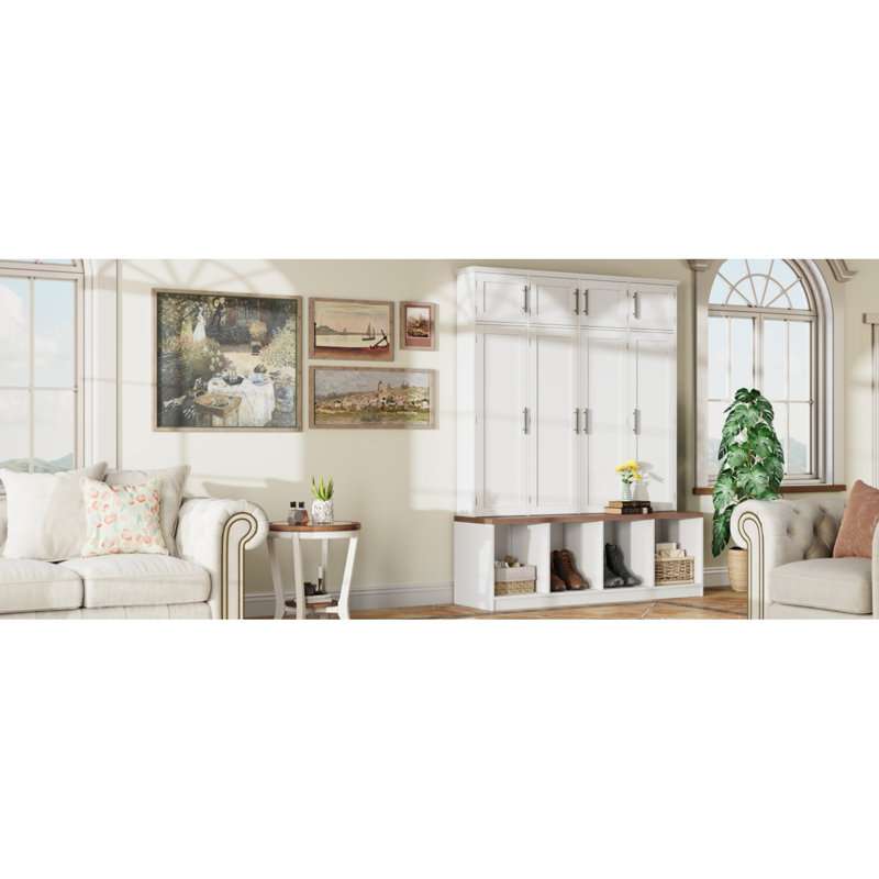 Farmhouse Hall Tree with Hidden Hanging Hooks, Versatile Seating Bench and Shoe Cabinet, White