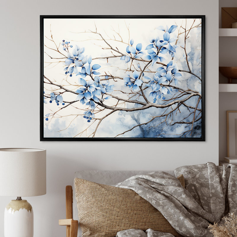 Art sur toile, feuilles bleues et grises, Cadre flottant noir, H 16 po x l 32 po x P 1 po
