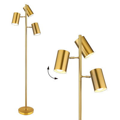 Vintage Gold Standing Lamp With 3 Adjustable Rotating Lights, Farmhouse Floor Lamp With LED Bulbs For Living Room, Bedroom, Office