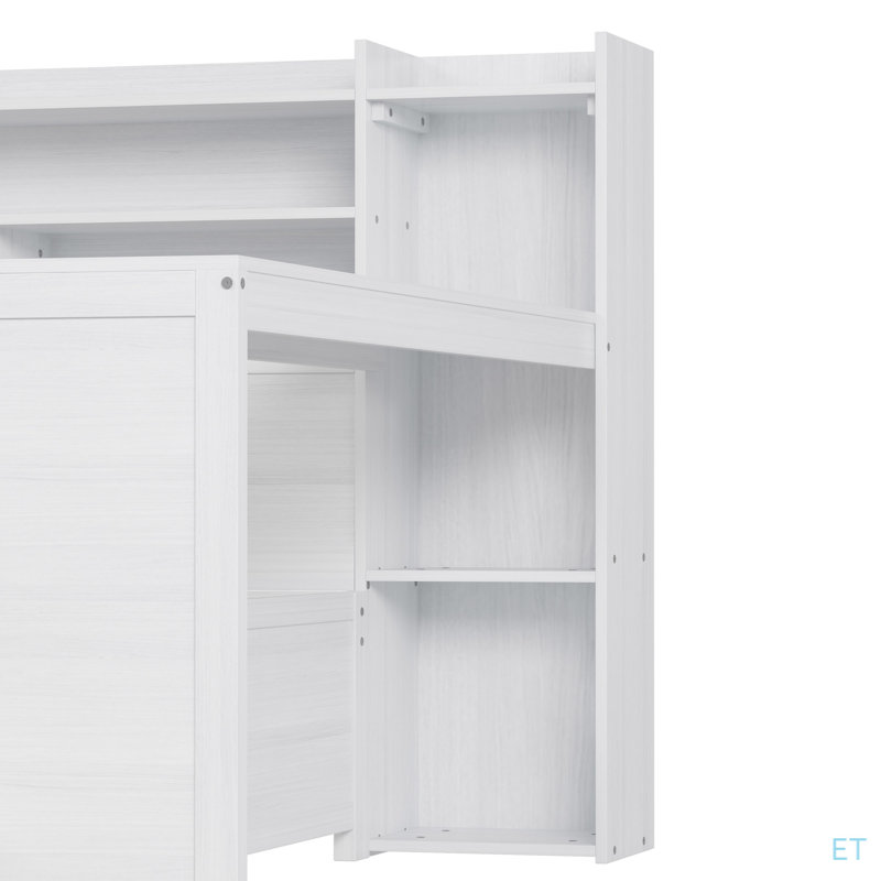 Wooden Twin Size Daybed With Storage Shelves, Multi-Functional Bed With Two Storage Drawers And  Study Desk, Antique White