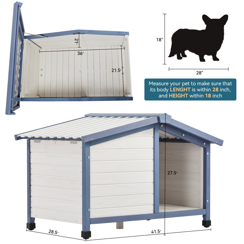 Niche pour chien de taille moyenne, L 42 po x l 28,9 po x H 27,5 po, toit pour asphalte ouvert pour petits chiens de taille moyenne, niche pour chien avec toit en PVC imperméable, blanc