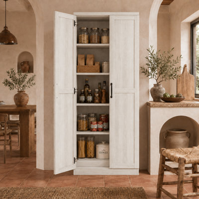 Modern Farmhouse Spacious Five Tier Storage Freestanding Pantry Cabinet with Adjustable Shelves and Double Doors for Kitchen Dining Room Living Room and Entryway