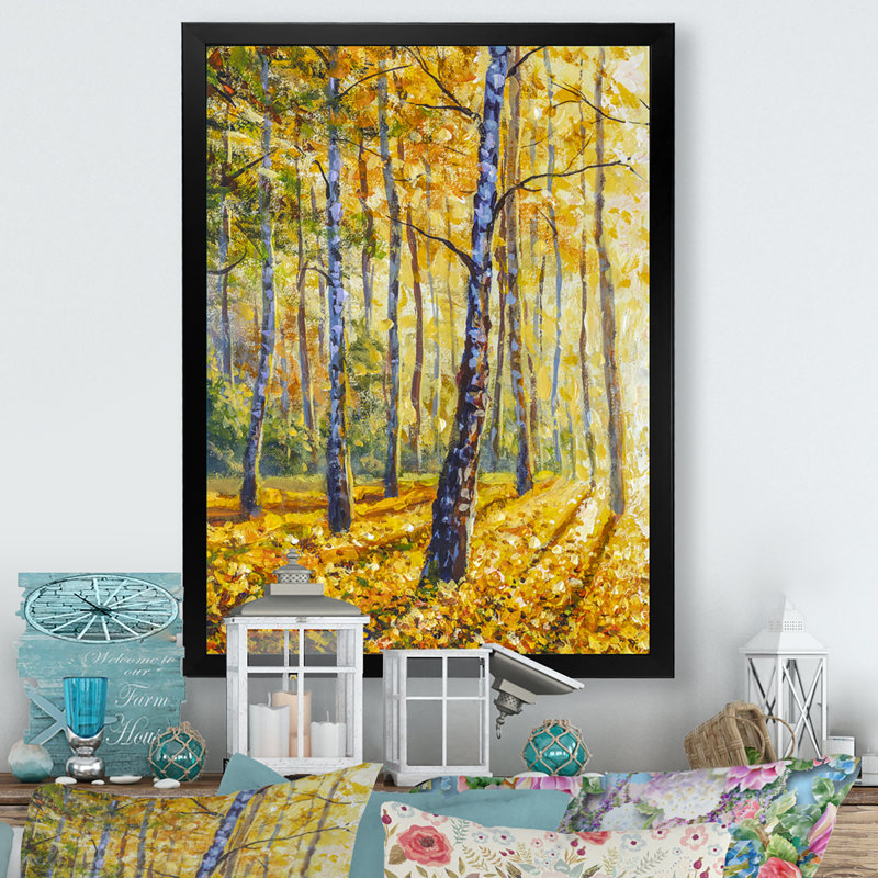 Chemin vers la forêt de bouleaux - décoration murale traditionnelle en toile, Toile avec cadre photo noir