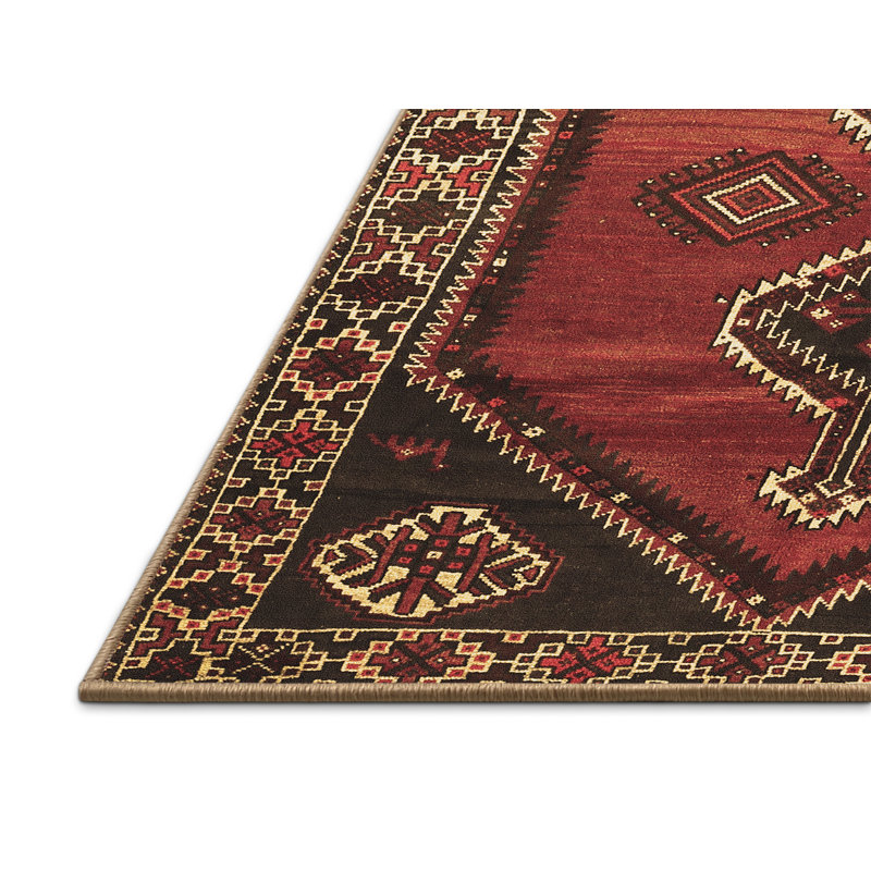 Tapis rouge / brun foncé / ivoire en laine tissée à la machine Southwestern, Rectangle 6 pi x 9 pi