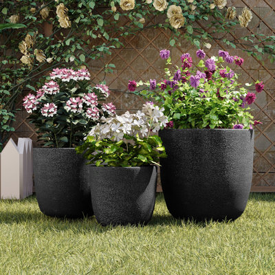 Lightweight Matte Textured MGO Outdoor Indoor Flower Pot Set Of 3,16.9"+13.9"+11.22" Dia Round Concrete Stackable Planter With Drainage Holes And Rubber Plug,For Garden, Patio, Balcony