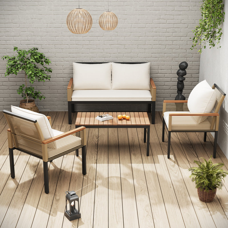 Wicker 4 - Person Garden Lounge Set, Beige Cushion/Natural/Black Frame